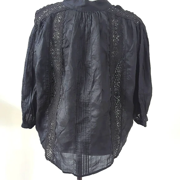 FRAME Cali Lace Popover Blouse Top V neck Black 3/4 sleeve Boho Flowy Fit L - Picture 8 of 14